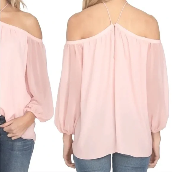 NWT 1. State Revolve Off the Shoulder Sheer Crepe Chiffon Top Pink Taffeta Small - Picture 9 of 16